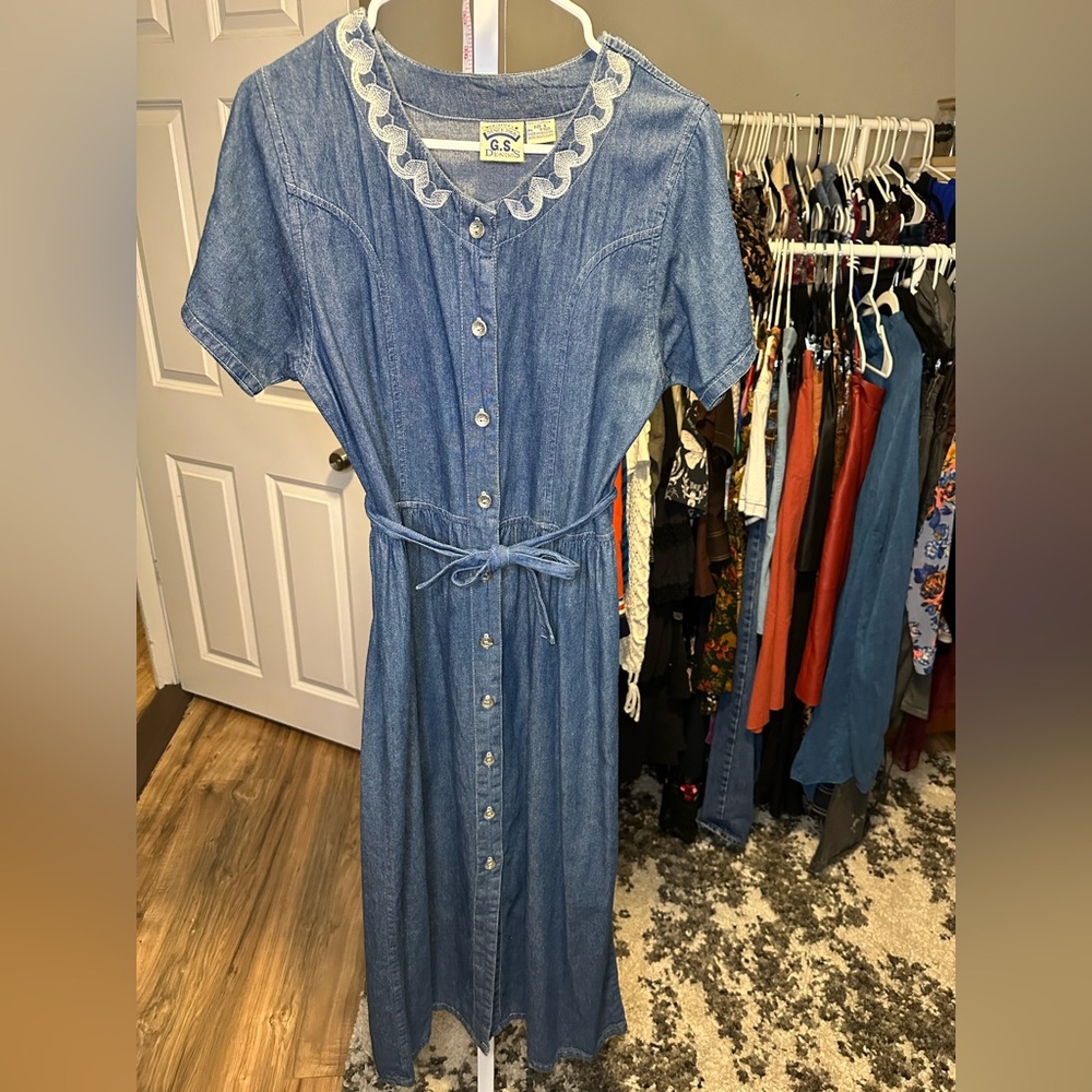 1980s GS Denim Prairie Maxi Dress with Embroidered Neckline and Buttons